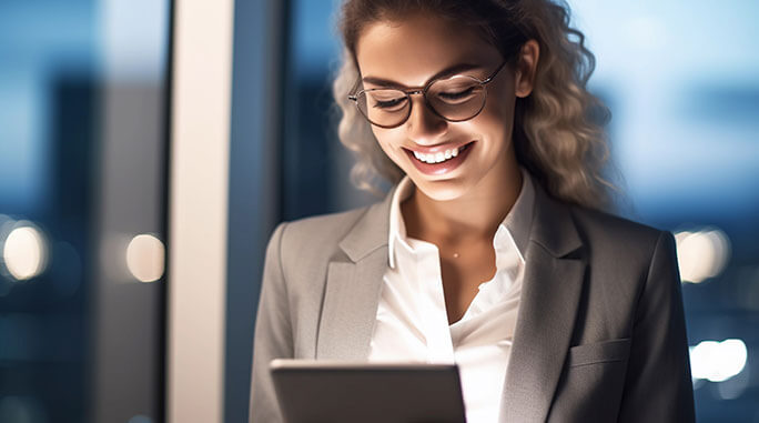 A woman with glasses smiles while using her tablet