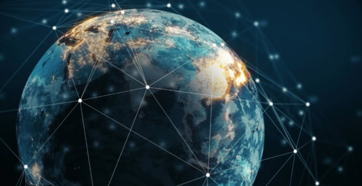 Global digital network visualized across the Earth with connected data nodes.