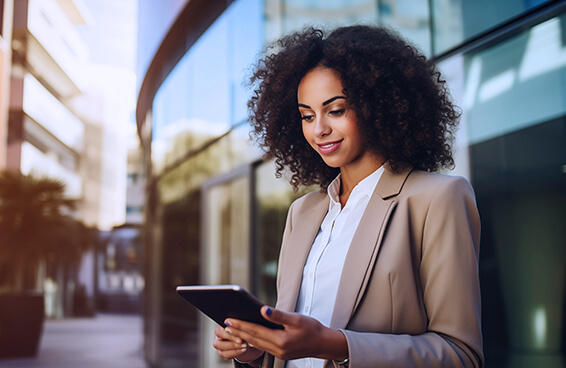 A woman dressed in a business suit is holding a tablet, working on invoicing and accounts receivable