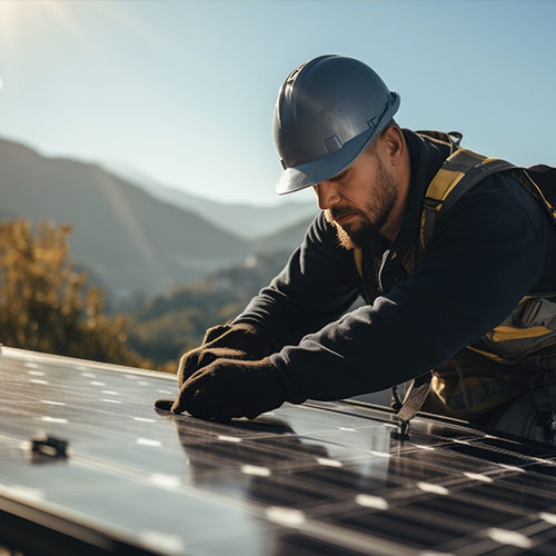 A worker in a hard hat and safety vest is focused on installing a solar panel