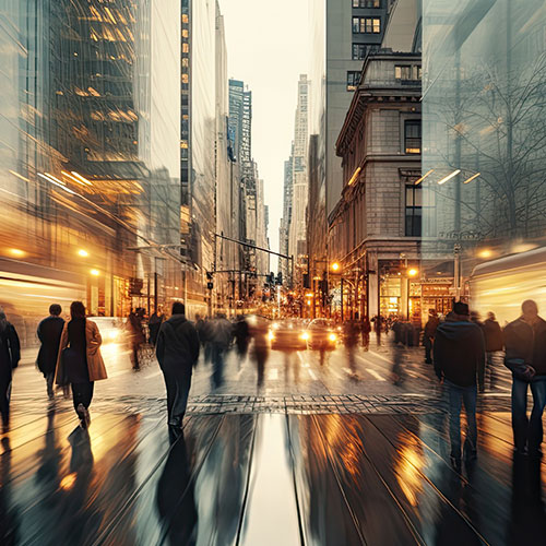 Image of pedestrians strolling along a bustling city street