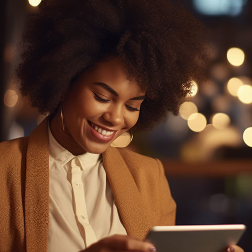 A cheerful woman with an afro holds a tablet radiating joy