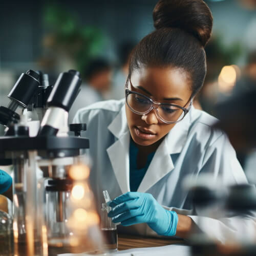 A woman in a lab coat works on her project in a fully equipped lab