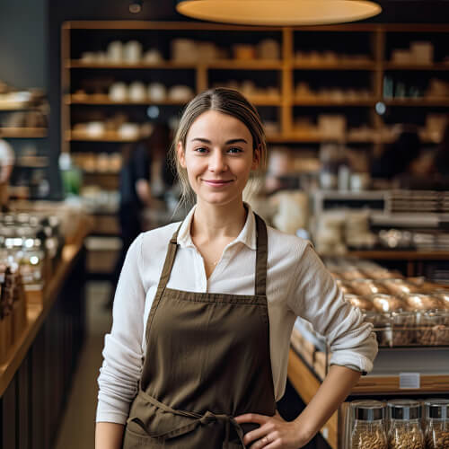 A smiling woman in an apron stands in a bakery filled with fresh bread and pastries