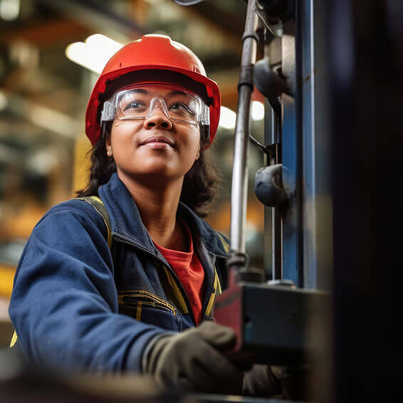 A woman wearing a hard hat and safety glasses is focused on her work in a factory setting