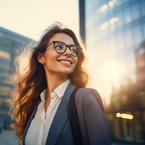 A smiling woman in glasses and a business suit in front of a building