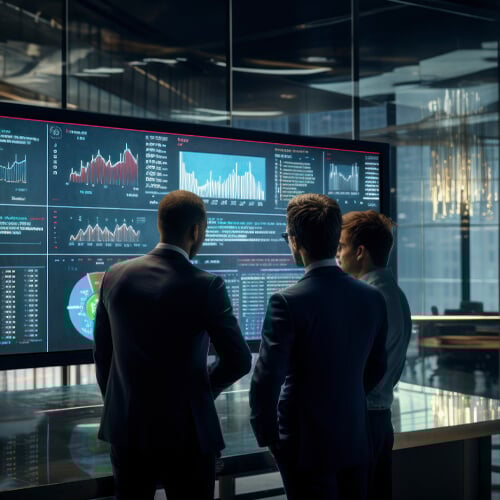Three colleagues engaged in discussion while examining graphs on a large presentation screen