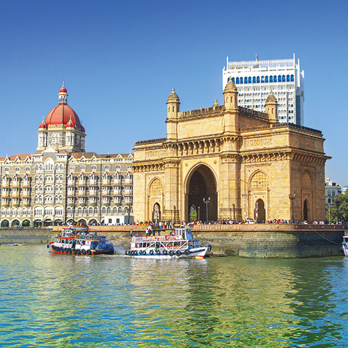 A panoramic view of the Gateway of India and the Taj Mahal Palace Hotel in Mumbai India