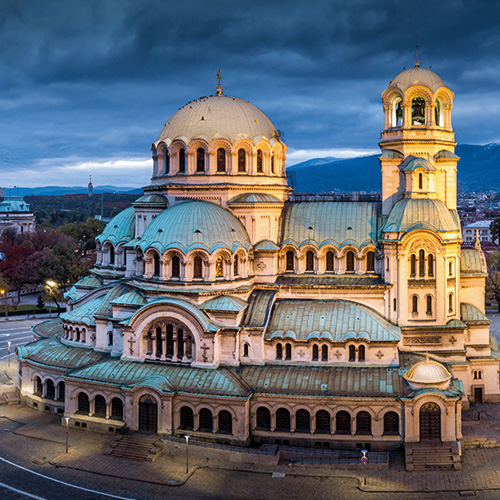 A panoramic view of the Alexander Nevsky Cathedral in Sofia, Bulgaria