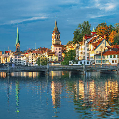 A panoramic view of Zurich, Switzerland, with the Limmat River, Fraumünster Church, and Grossmünster Church