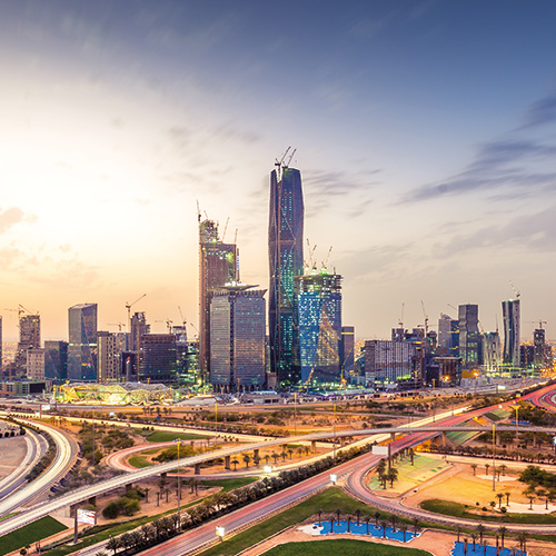 A panoramic view of Jeddah Saudi Arabia at sunset