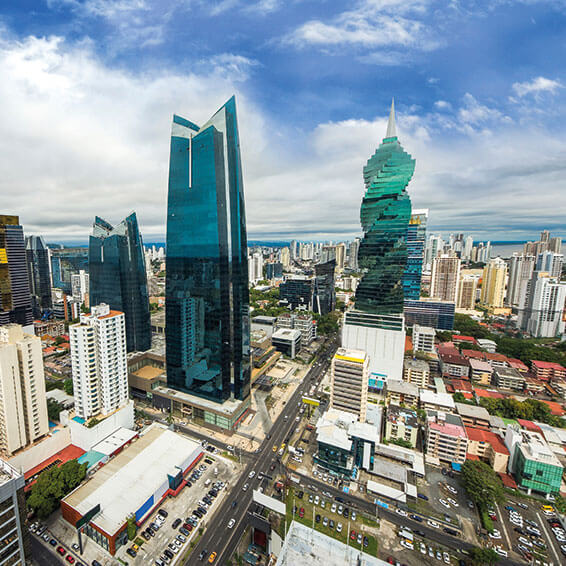 The iconic skyline of Panama City with the distinctive skyscrapers including the F&F Tower