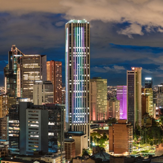 A stunning image of Bogotá Colombia highlighting the Colpatria Tower at dusk