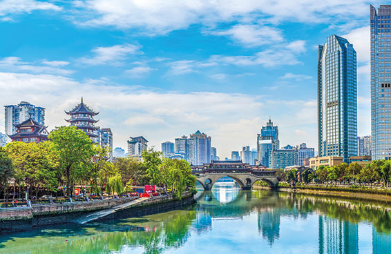 A scenic view of the Chengdu skyline with the Jinjiang River flowing through the city