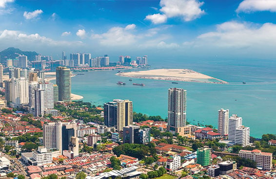 An aerial view of the Penang, Malaysia skyline with Gurney Drive