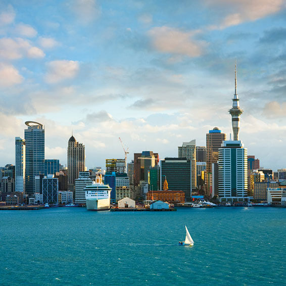 A scenic view of the Auckland skyline with the iconic Sky Tower, and harbor and sailboats on the foreground