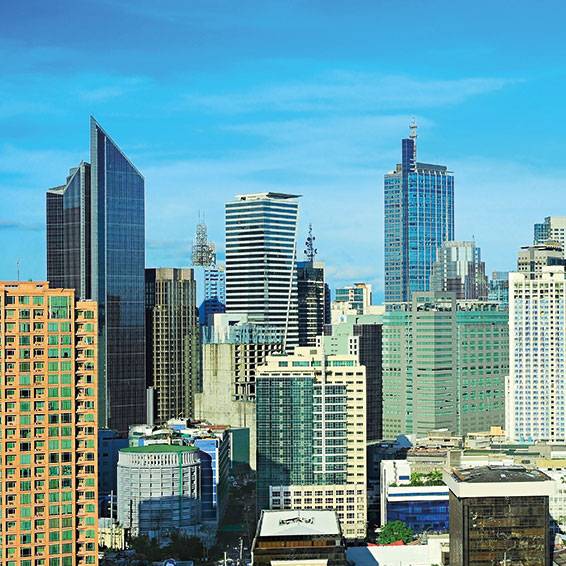 A shot of the Makati city's skyline with skyscrapers and modern architecture