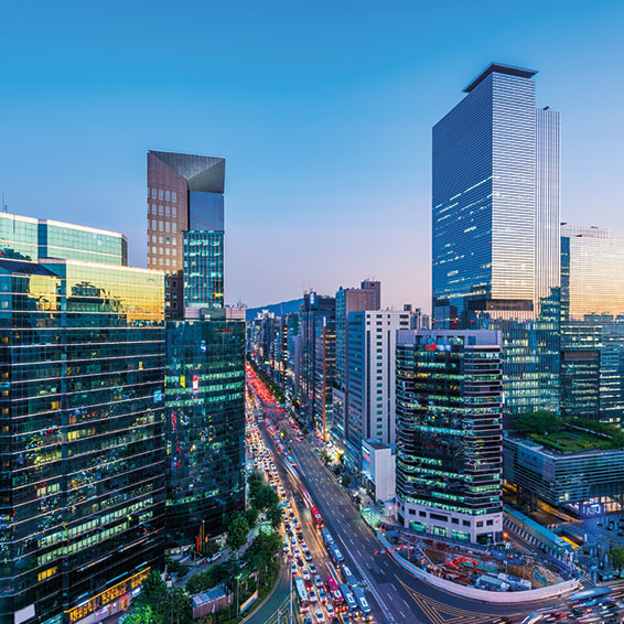 A panoramic view of the Seoul skyline with the Gangnam district