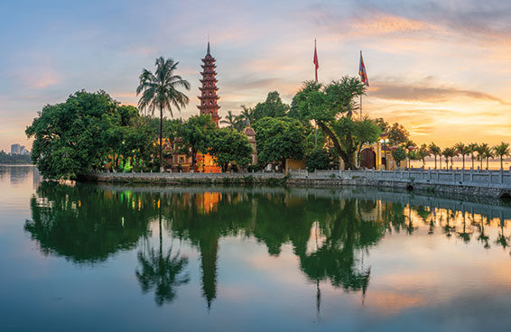 An aerial view of the Tran Quoc Pagoda, located on an island in West Lake, Hanoi, Vietnam