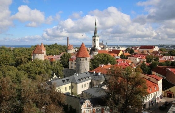 Tallinn Old Town, Estonia, with medieval architecture and red-tiled rooftops.
