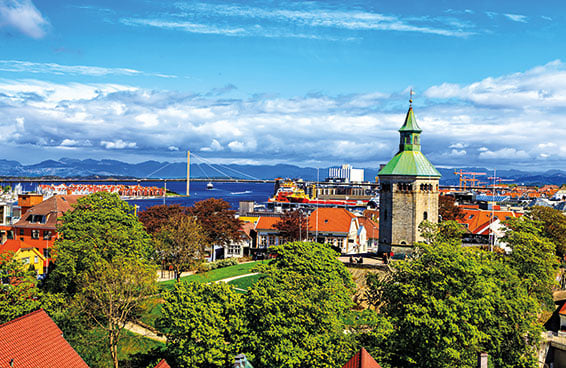 A view of Stavanger, Norway, with the Gamle Stavanger district and the Vågen harbor in the foreground