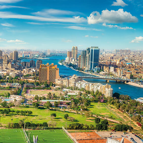 A view of Cairo, Egypt, with the Nile River winding through the city