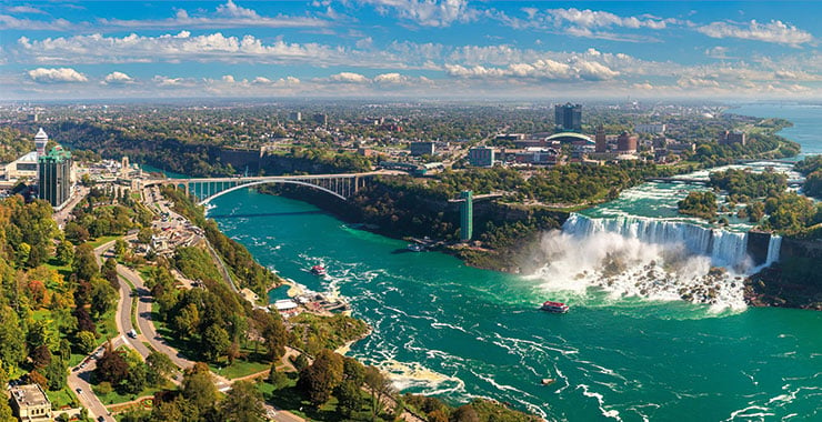 Aerial view of Niagara Falls, Canada, showcasing the majestic waterfalls, the Rainbow Bridge, and the surrounding cityscape under a clear blue sky