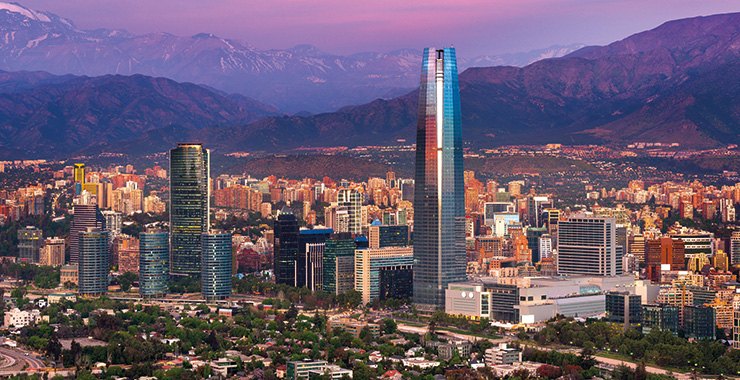 A panoramic view of The Gran Torre Santiago, Chile skyscraper at at sunset