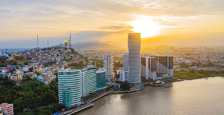 A panoramic view of Guayaquil Ecuador highlighting the city's diverse architecture and the Guayas River