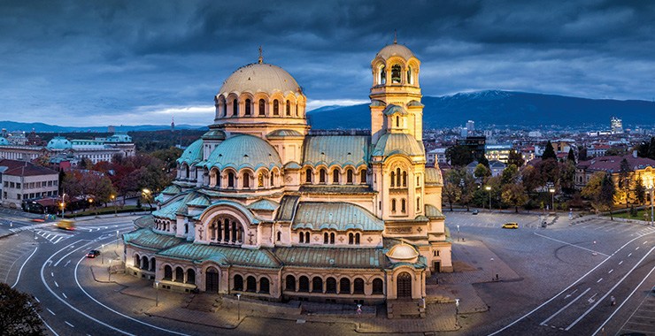 A panoramic view of the Alexander Nevsky Cathedral in Sofia, Bulgaria