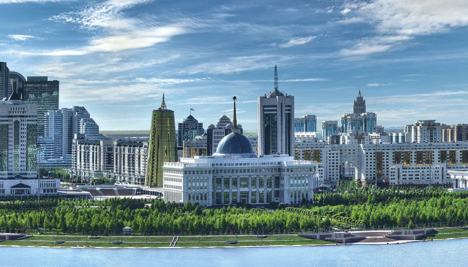 Ak Orda Presidential Palace in Astana, Kazakhstan, surrounded by modern buildings