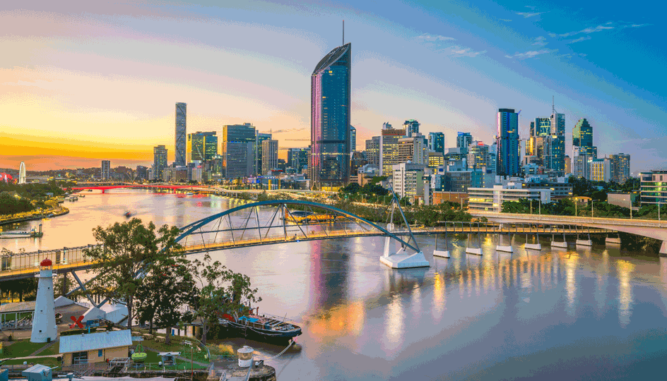 Brisbane city skyline and Brisbane river at twilight in Australia