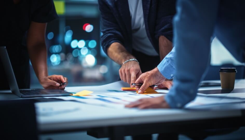 Managerial level on brainstorming session in office conference room meeting