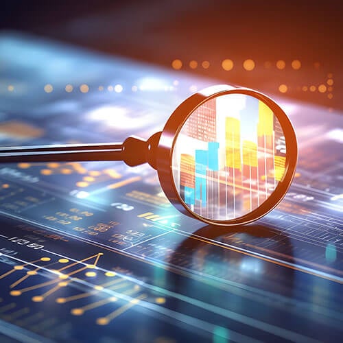 Magnifying glass highlighting colorful bar graphs overlaid on a digital interface with data charts and glowing elements