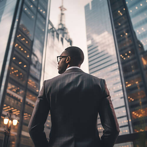 A business professional in a suit standing amidst tall modern buildings